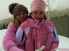 19yo Lesbian Chicks Warming Up By Having Sex Outdoors In The Snow